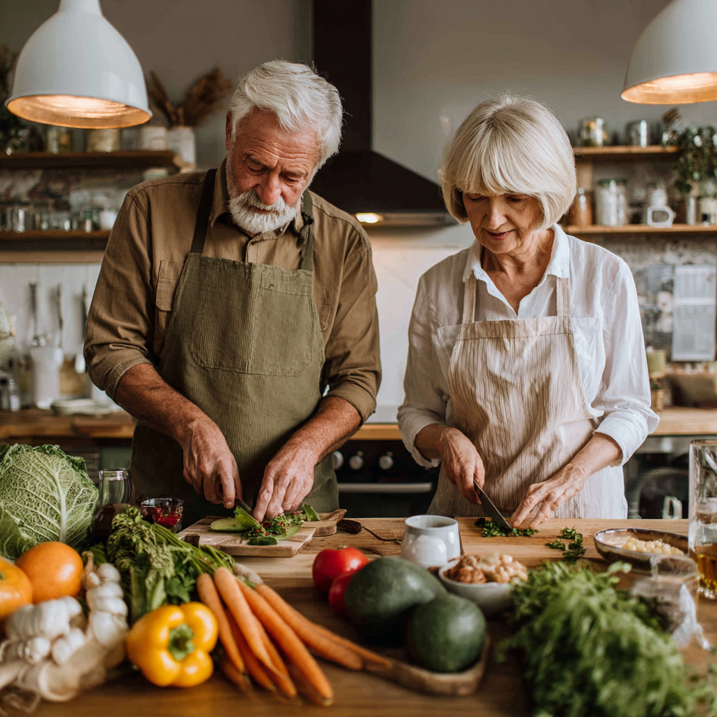 mature adults preparing plant-based meals together in modern kitchen