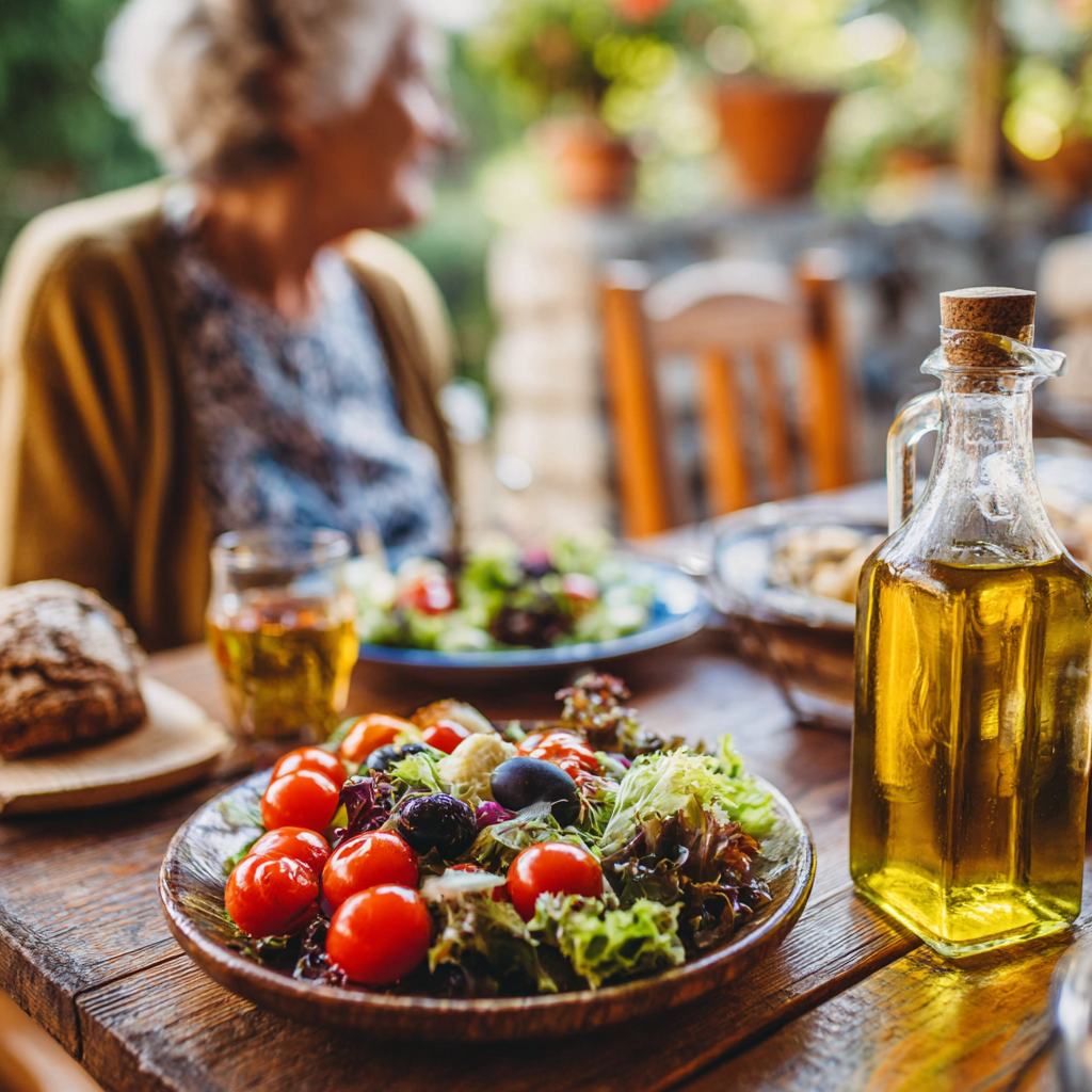 middle-aged person enjoying mediterranean style lunch with olive oil and fresh vegetables